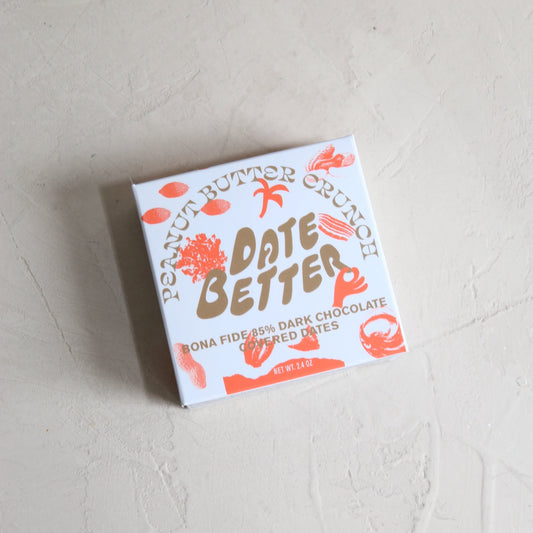 Date Better peanut butter crunch dark chocolate covered dates available at Rook & Rose.