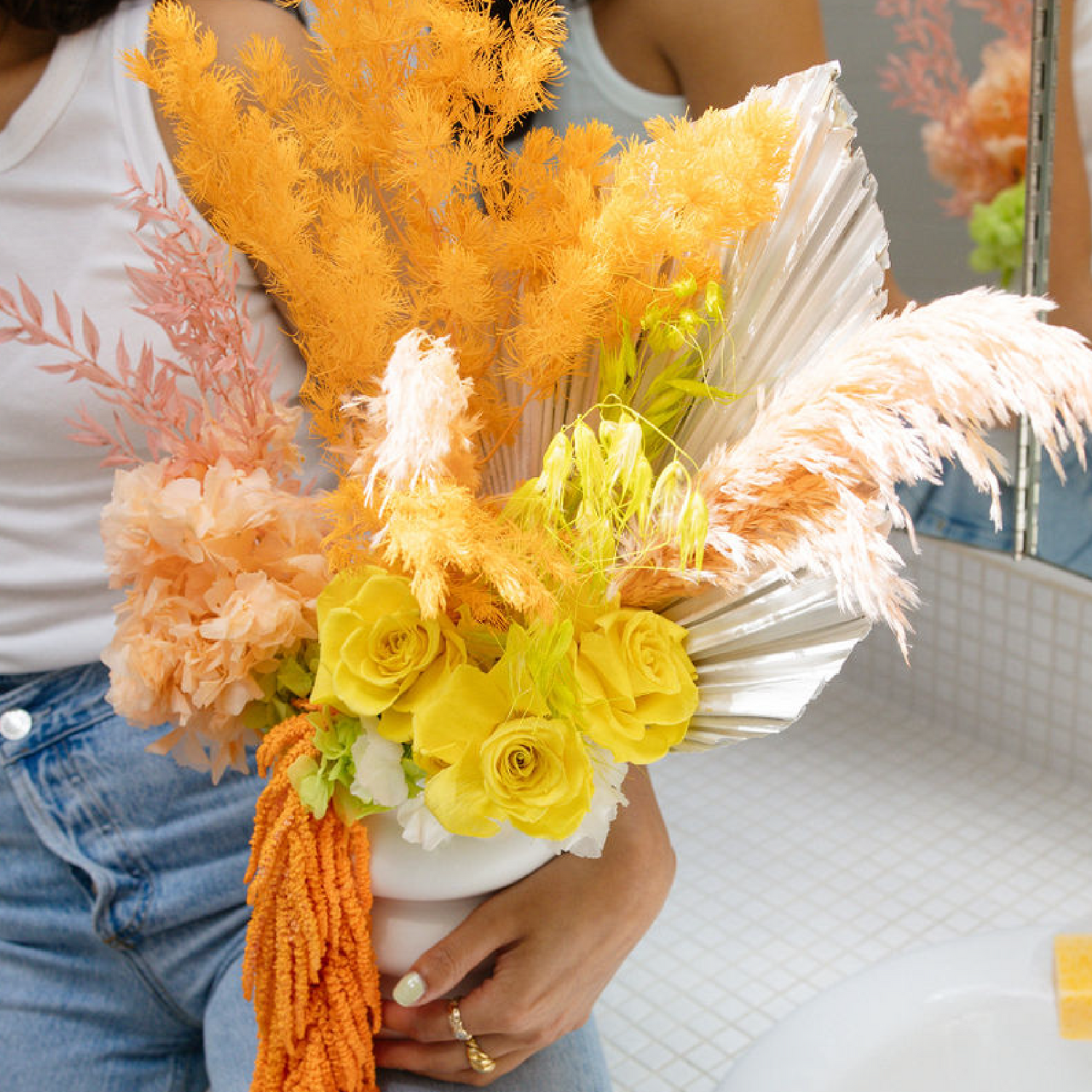 Photo is an example of a large bright dried arrangement.