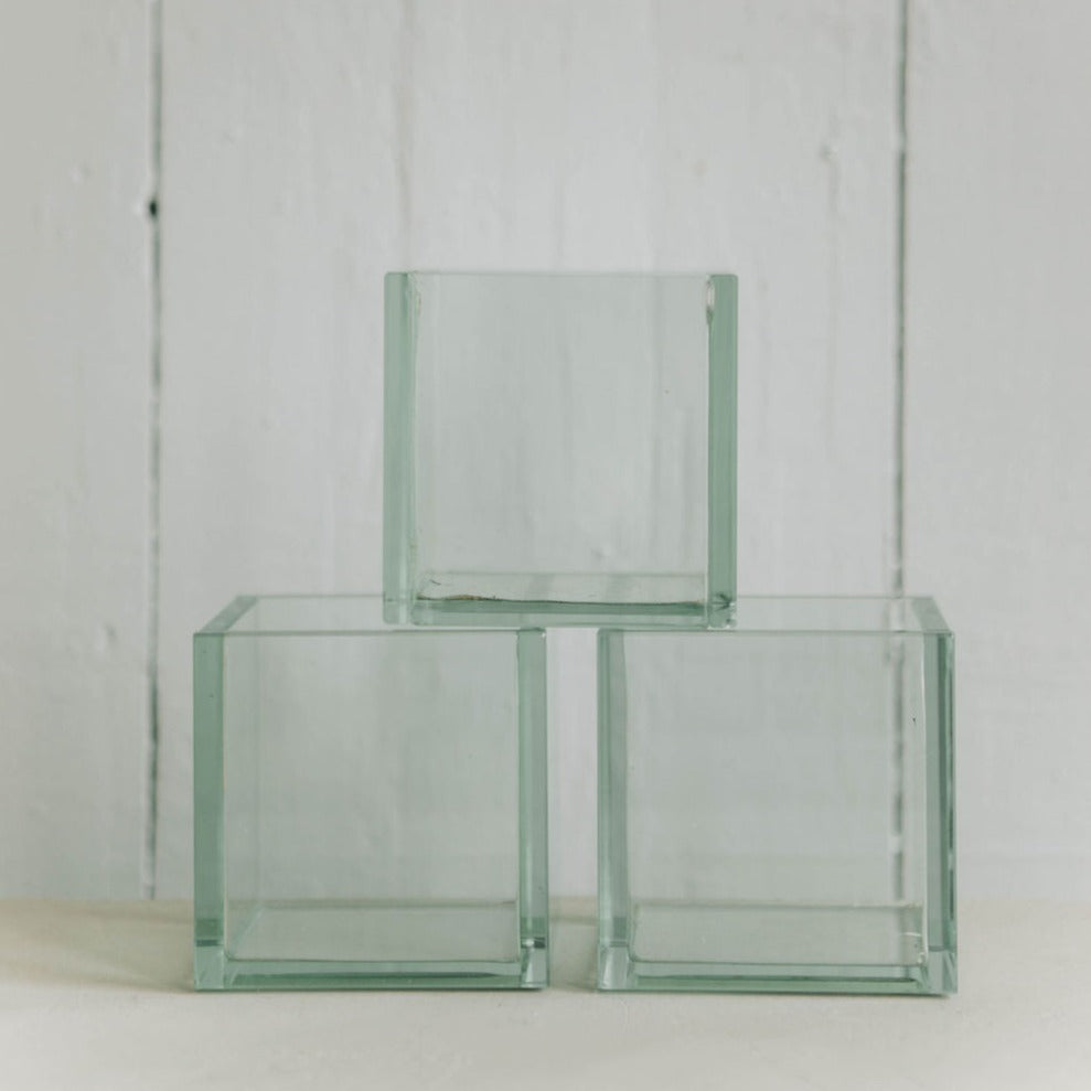 Blue 4" glass cube/square vase available at Rook & Rose