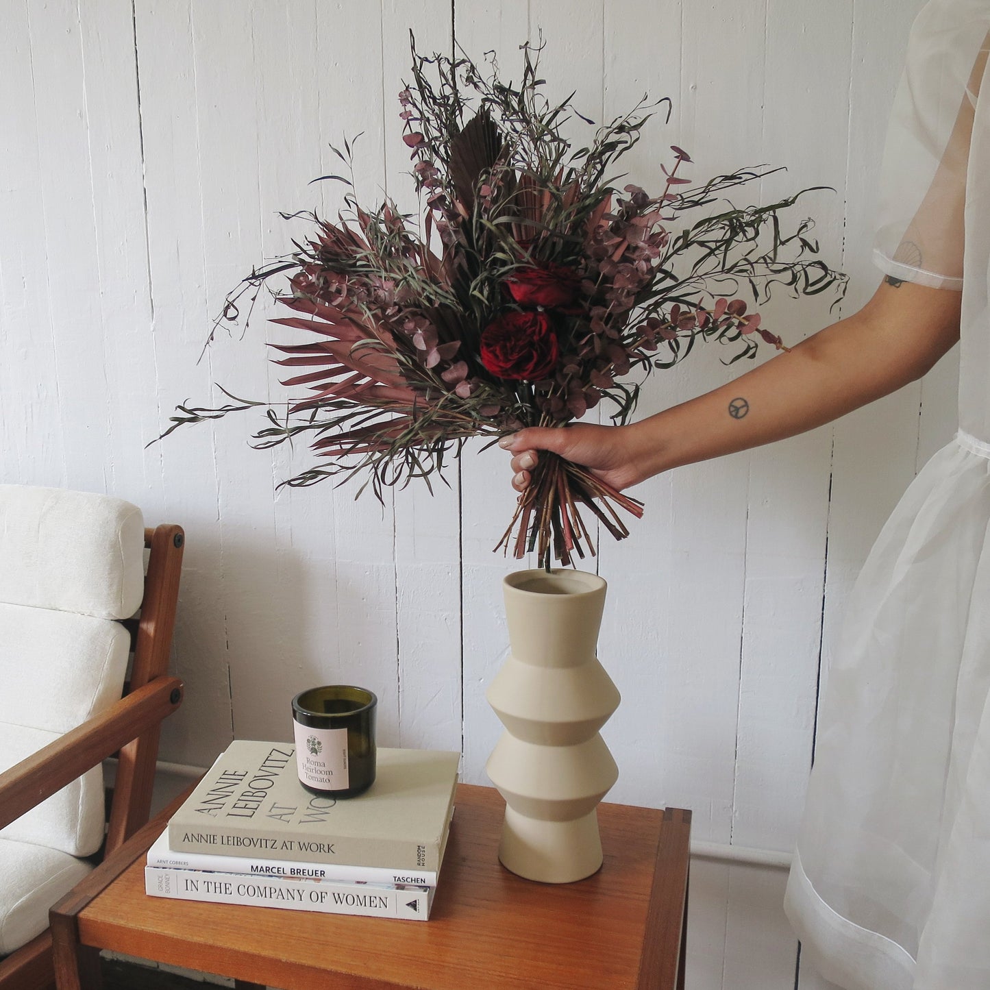 Photo is an example of a large bold dried bouquet.