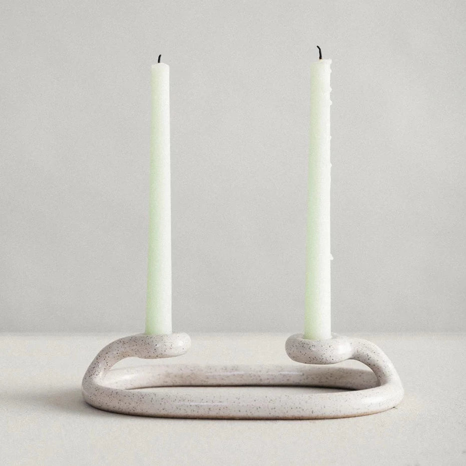 SIN ceramic duo candle holder in speckled white available at Rook & Rose.