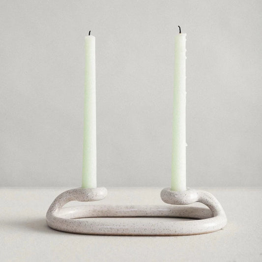 SIN ceramic duo candle holder in speckled white available at Rook & Rose.